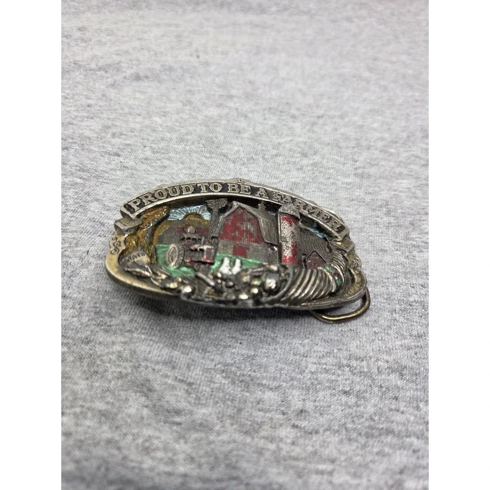 Vintage 1984 Proud to be a Farmer US Agriculture Enamel USA Belt Buckle Heavy